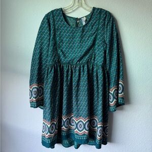 Alya Clothing Boho Babydoll Top Green Patterned 3/4 Sleeve Flowy Blouse Size M
